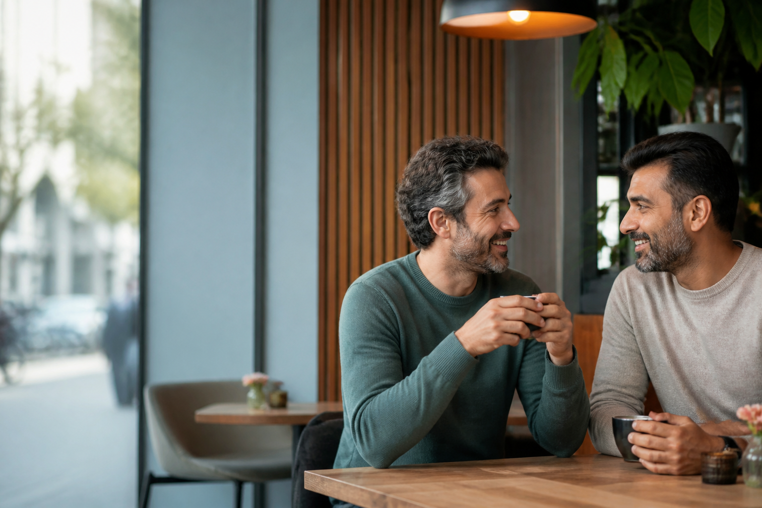 Twee mannen drinken koffie en maken rustig kennis